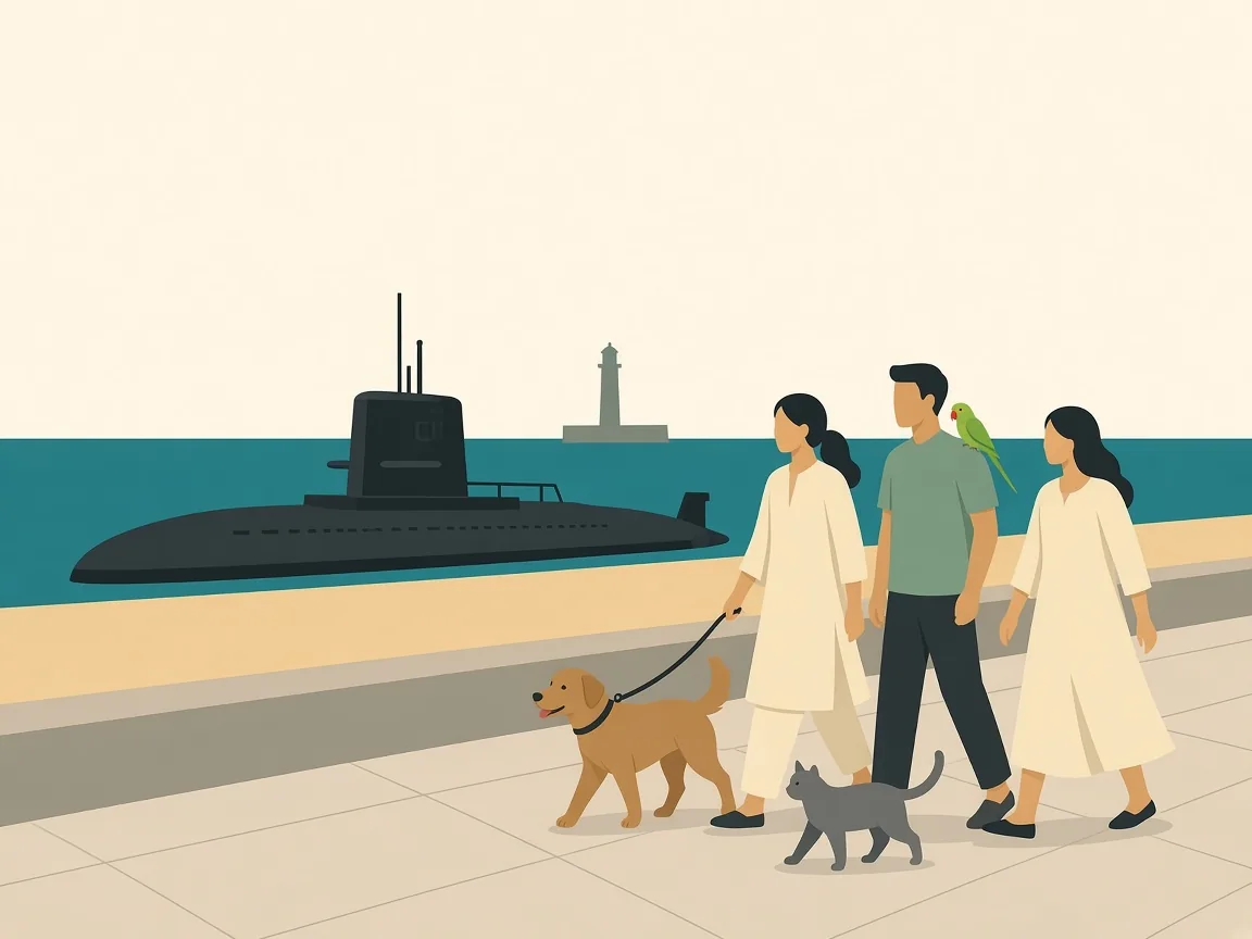 Illustration of a family with pets on Vizag’s RK Beach beside the submarine museum