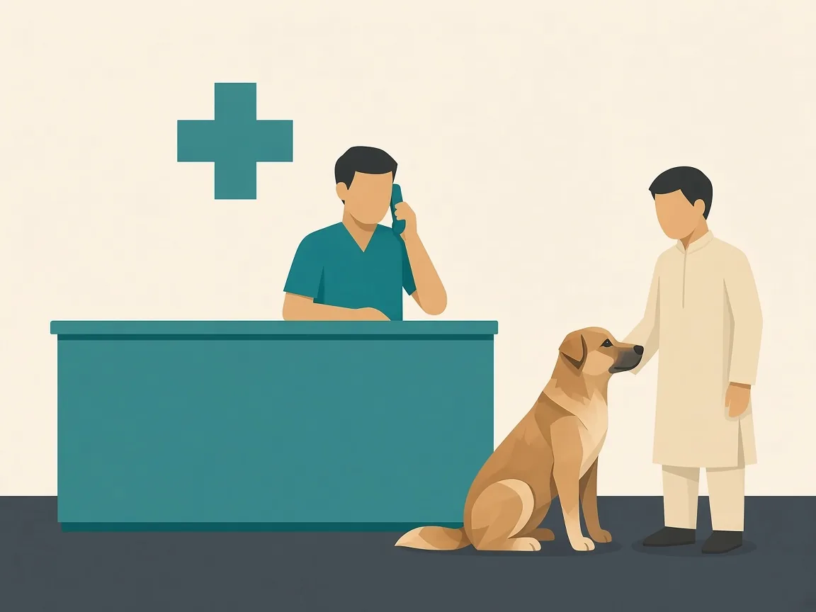 Illustration of an SKS receptionist on a call with a pet parent and dog