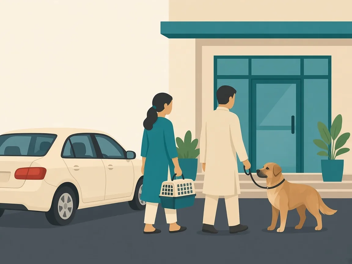 Illustration of a pet family arriving at an SKS hospital