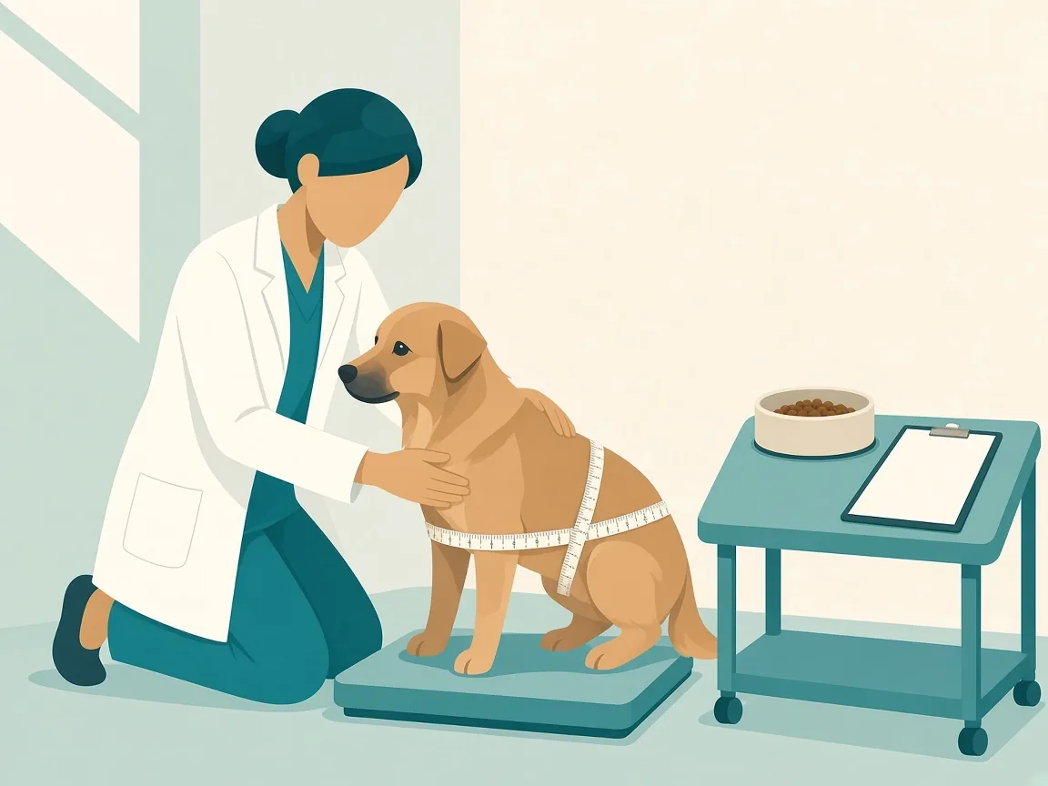 Illustration of a veterinary nutritionist checking a dog’s body condition on a clinic scale
