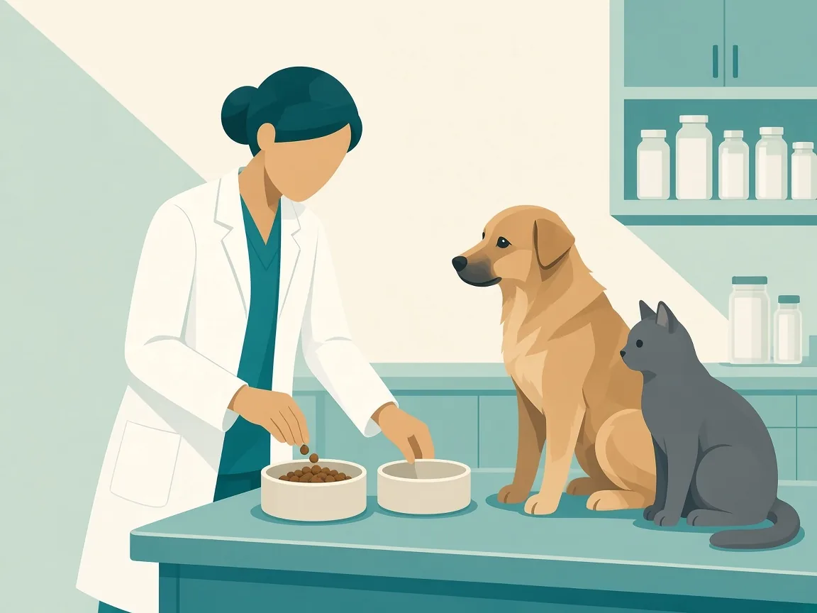 Illustration of a veterinary nutritionist preparing measured meals for a dog and a cat