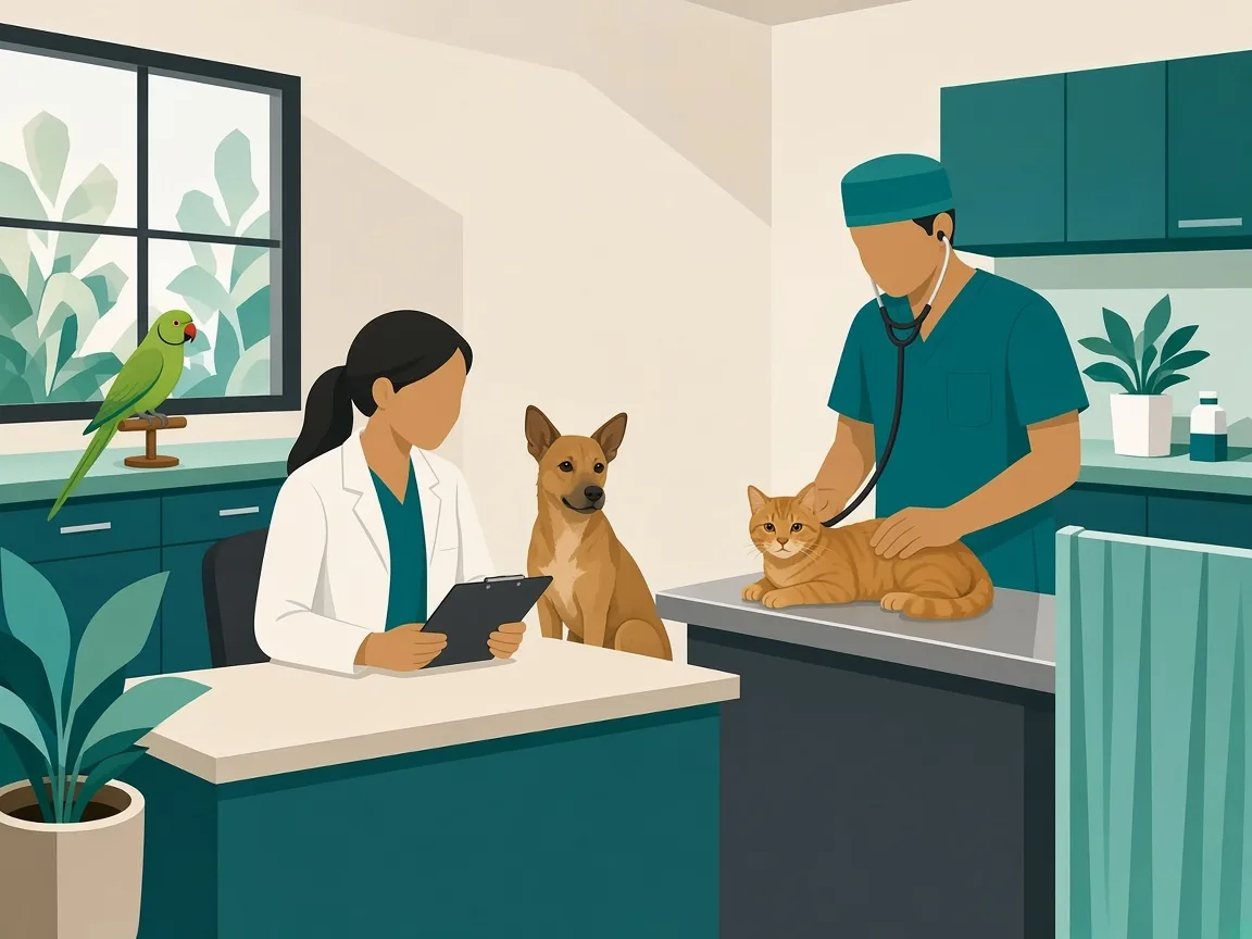 Illustration of SKS veterinarians in a consult: an Indie dog at the desk, a ginger cat on the exam table, and a parakeet by the window