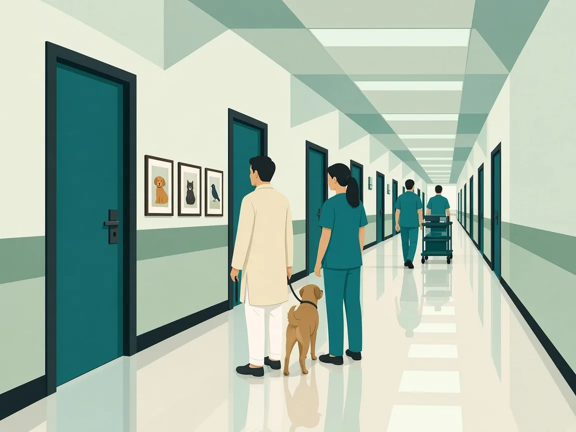 Illustration of a hospital corridor with framed pictures of pets