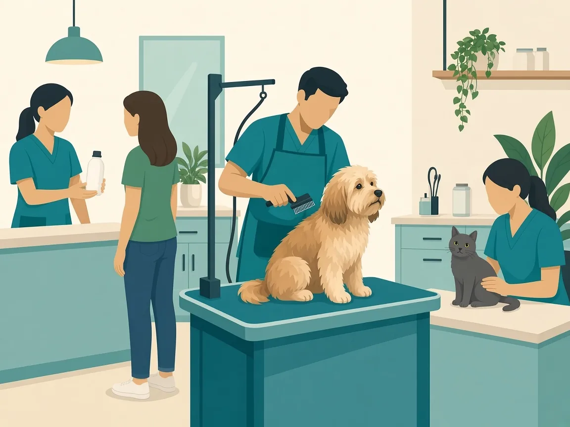 Illustration of clinic, pharmacy, and grooming together inside an SKS hospital