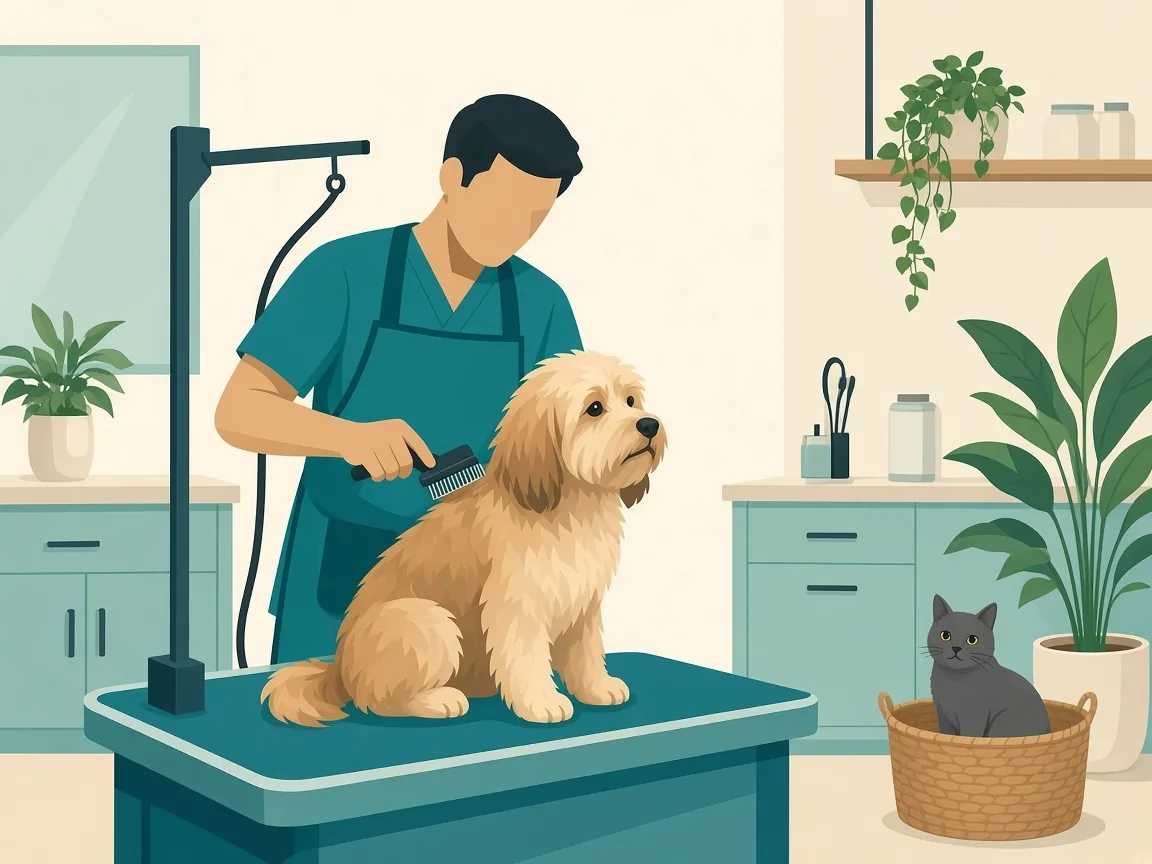 Illustration of a groomer brushing a fluffy dog while a cat waits
