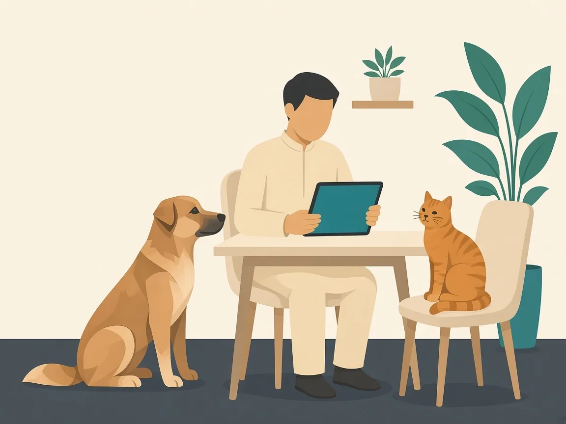 Illustration of a pet parent booking SKS services from home with a dog and a cat