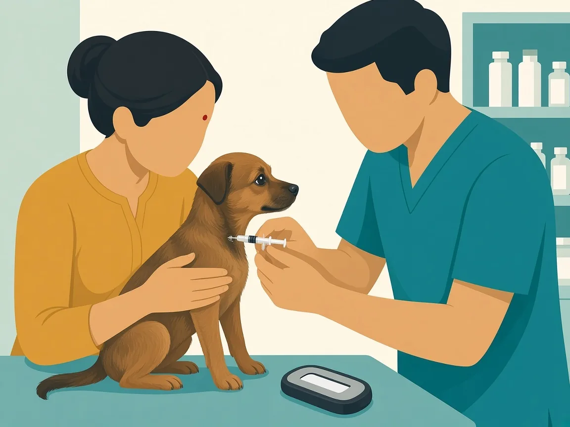 Illustration of a veterinarian implanting a microchip in a small dog