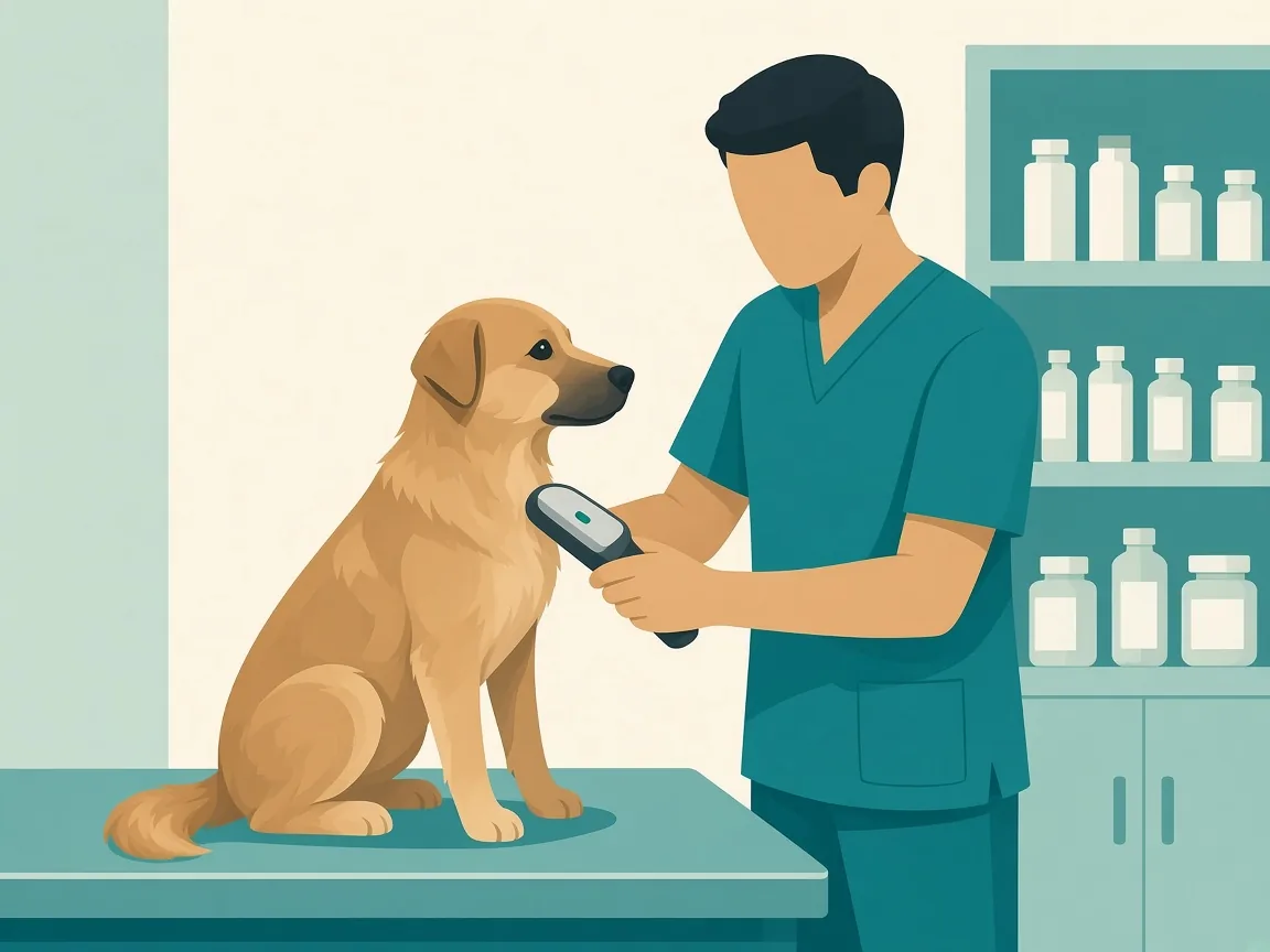 Illustration of a veterinarian scanning a dog for a microchip