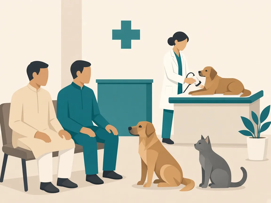 Illustration of pet parents waiting with a dog and a cat while a veterinarian screens another dog