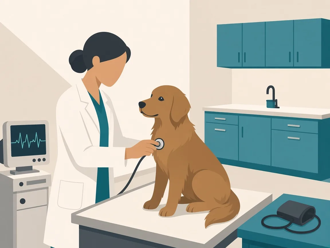 Illustration of a veterinarian checking a dog with ECG nearby and a blood-pressure cuff
