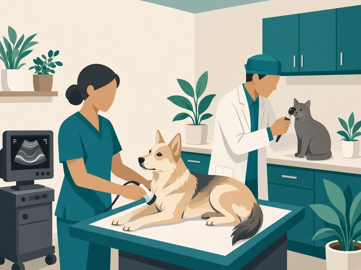 Illustration of cardiac ultrasound on a dog and an eye examination on a cat