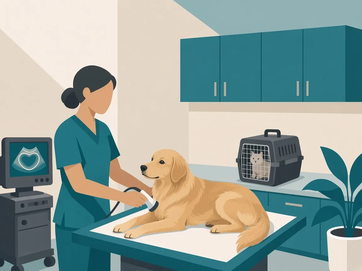Illustration of a veterinarian performing cardiac ultrasound on a golden dog, with a cat waiting in a carrier