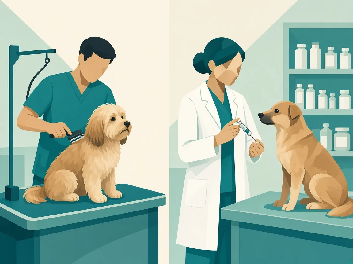 Illustration of veterinary consultation and pet grooming under one roof