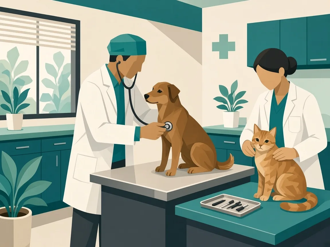 Illustration of veterinarians examining a dog and a cat in a treatment room