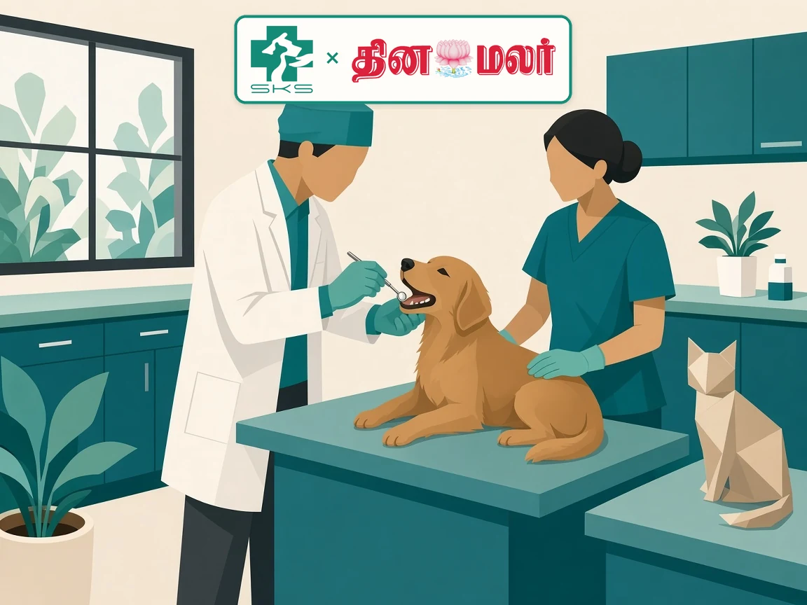 Editorial illustration of an SKS dental check for a dog, with the SKS × Dinamalar partner lockup