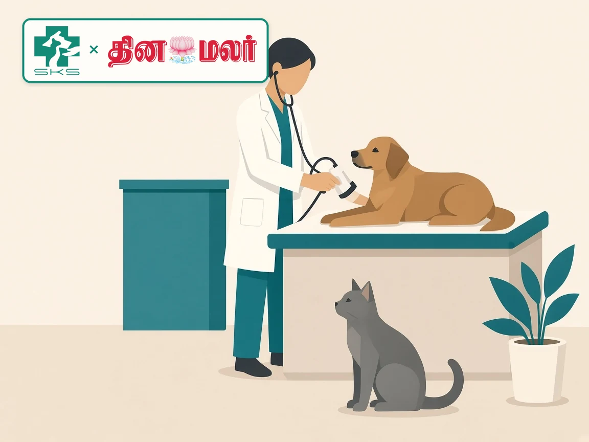 Editorial illustration of an SKS veterinarian examining a dog and cat, with the SKS × Dinamalar partner lockup