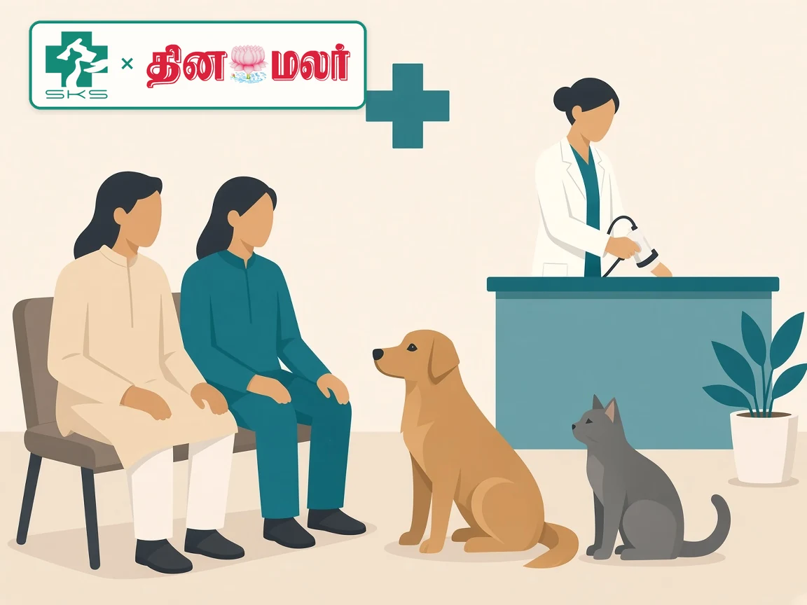 Editorial illustration of pet parents waiting at an SKS camp desk, with the SKS × Dinamalar partner lockup